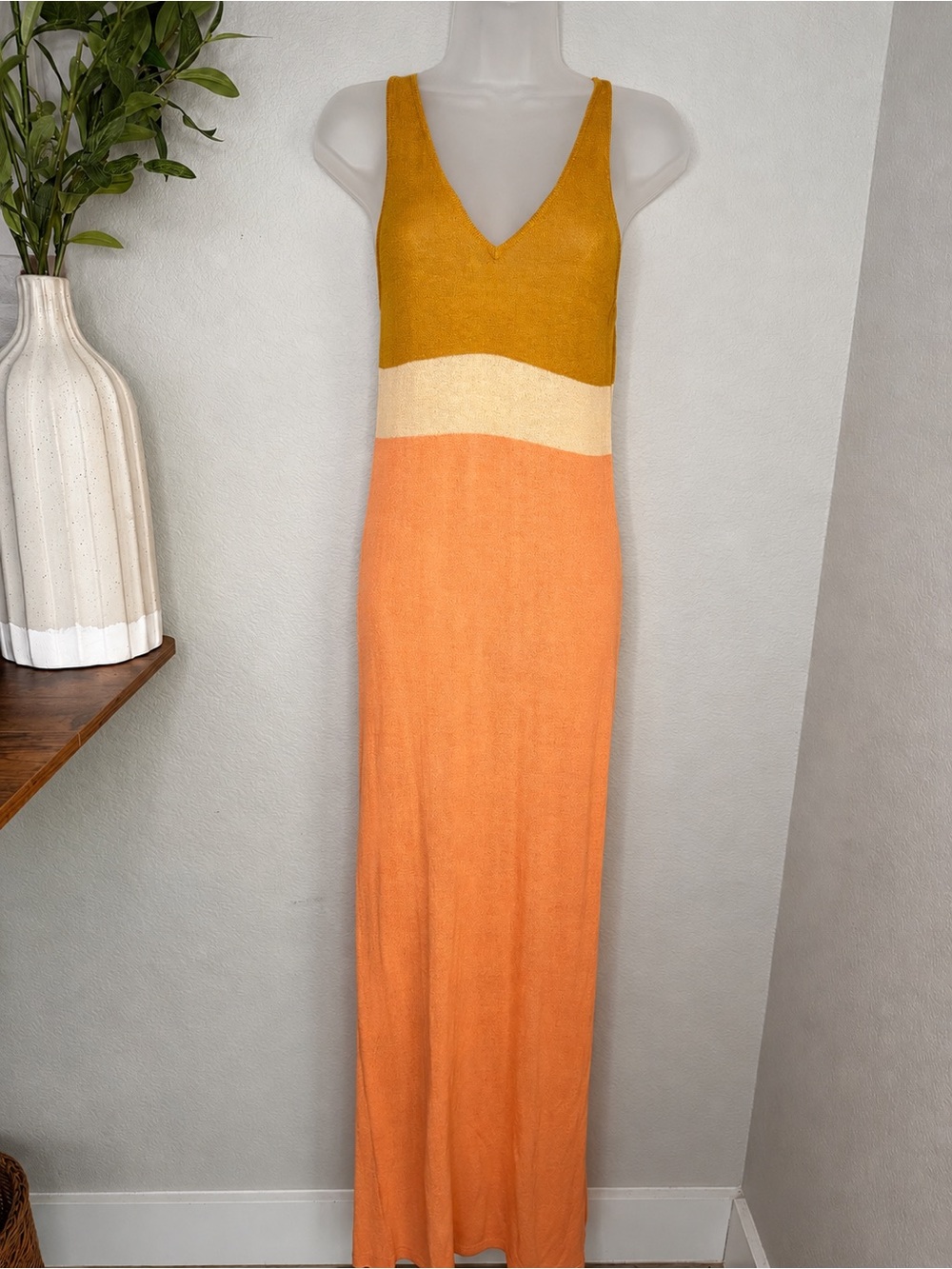 Free People FP Beach Color Block Knit Maxi Dress S NWT Mustard Peach Boho